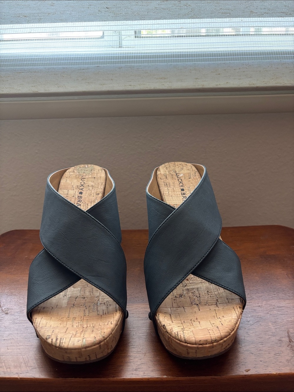 Lucky Brand Black/Gray Crossband Cork Wedge Mules